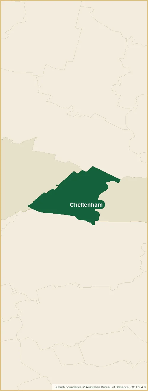 Map of the Cheltenham plumbing service area, with Cheltenham shaded and the surrounding suburbs marked: Beecroft, North Epping and more